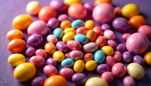 Whimsical candy garden bursting with colorful Easter themed sweets like jelly beans, chocolate eggs, and pastel lollipops, creating a magical scene. A vibrant, whimsical garden scene composed entirely