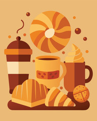 Coffee and pastry illustration with a warm color palette and a cozy, inviting atmosphere