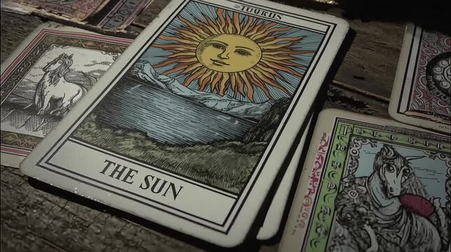 A tarot card with a sun on it. The card is titled "The Sun". There are other tarot cards on the table as well