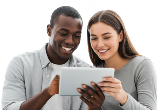 Smiling couple looking at a tablet isolated on transparent background