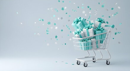 Festive shopping cart full of elegant gift boxes and falling confetti against a serene blue background, celebrating sales and happy occasions