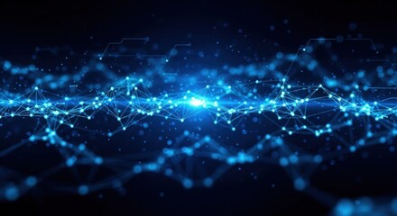 A blue and white abstract digital network with glowing nodes and lines.