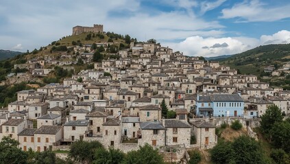 Obraz premium Scenic Village Perched on a Hillside Under a Blue Sky A Landscape View