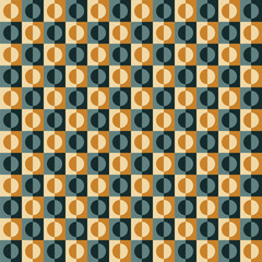 Pattern created from cream, gold, grey-green and dark green circles and squares
