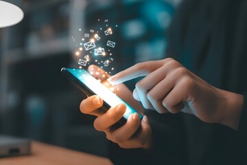 Person using a smartphone for email communication sending and receiving messages with glowing email icons floating around the device