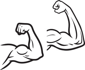 black and white vector illustration set of a powerful, muscular arm flexing the bicep with a clenched fist, symbolizing strength, fitness, power, and determination.