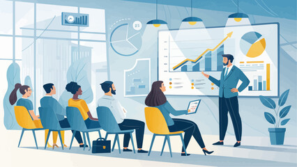 Presentation scene showing a man presenting data to an audience in a modern office setting with charts and graphs