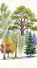 Watercolor Trees - A Diverse Forest Landscape Painting.