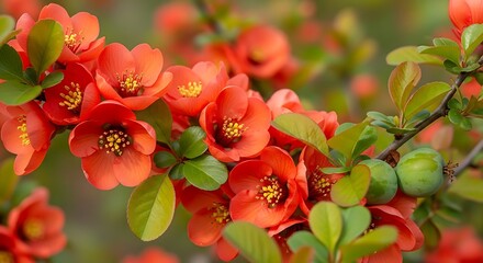 Vibrant Red Flowering Quince Blossoms in Springtime Garden.