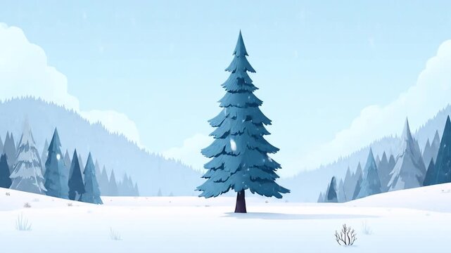 Serene winter landscape with a lone evergreen tree in a snowy field, framed by distant mountains, beautiful cartoon illustration.