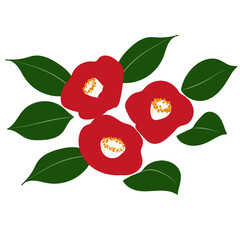 Red camellia flowers with green leaves vector illustration on transparent background, simple Japanese floral design｜camellia, flower, vector, Japanese style, red bloom
