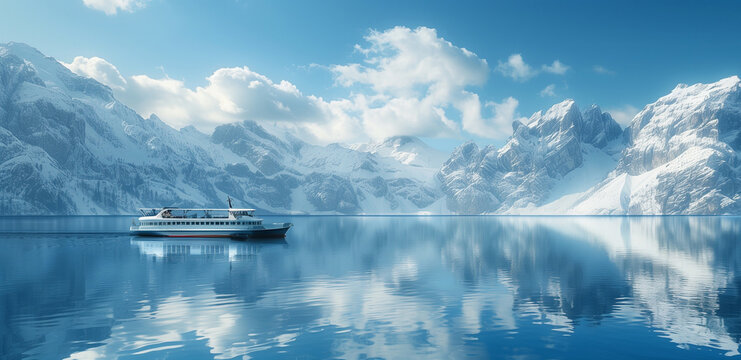 Paisaje nevado con barco en el mar