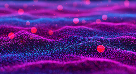 Abstract Digital Landscape with Neon Particle Waves and Glowing Orbs