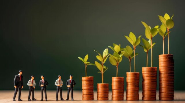 Miniature figures and coin stacks with growing plants, symbolizing financial growth. Side angle captures the concept like a video scene. Live desktop wallpaper.