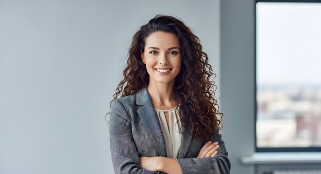 Confident Businesswoman with Curly Brown Hair &ndash; Modern Office Portrait, Stylish Professional Aesthetic