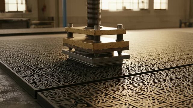 Recycled rubber flooring tiles being embossed with textured patterns under warm factory lighting