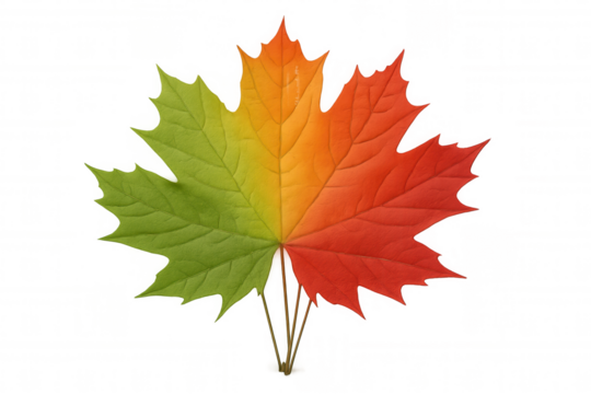 Maple leaf showing seasonal change, transitioning from green to yellow and red on transparent background
