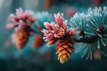 Tranquil Close-Up of Pine Cones Covered in Delicate Frost, Surrounded by Icy Blue Pine Needles, Soft Winter Light, and Cinematic Depth of Field