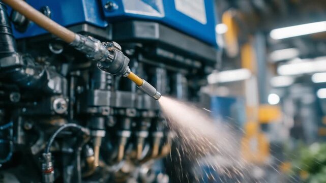 Detailed macro shot of fuel injectors spraying gasoline mist, highlighting metallic engine parts under workshop lighting.