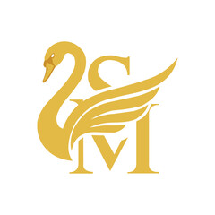 Vector art of golden swan logo design with letter s and m