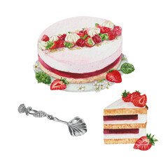 Watercolor Strawberry layered cake and spoon 