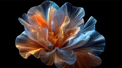 An abstract flower-like shape made of translucent materials, featuring shades of blue and orange against a dark background