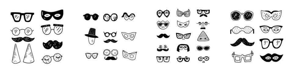 Hand drawn collection of funny disguise props including glasses masks and mustaches
