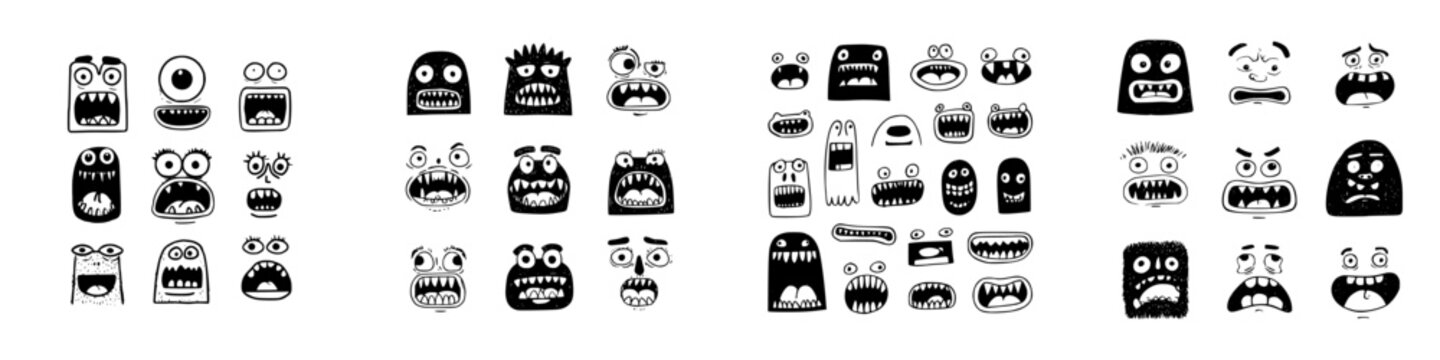 Funny cartoon monster faces and expressive mouths with sharp teeth