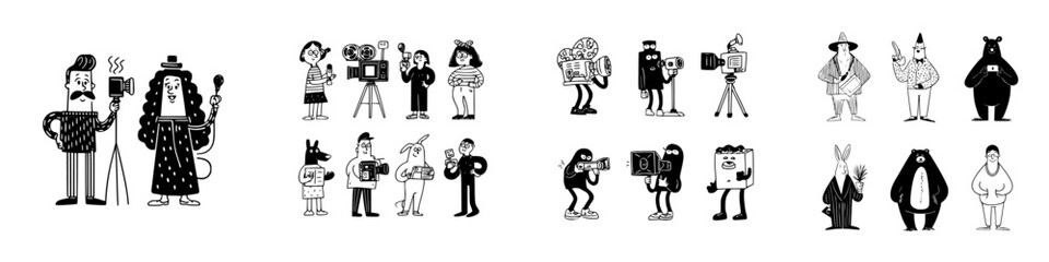 Diverse characters operating cameras for filming and photography projects