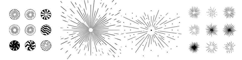 Obraz premium Collection of hand drawn sunburst and starburst elements in black outline
