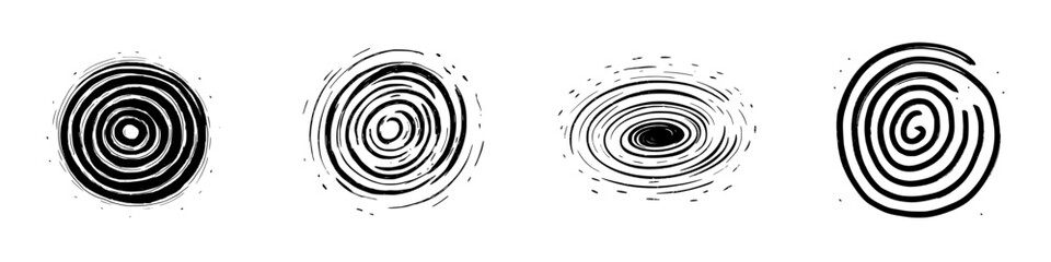Four abstract hand drawn spiral shapes with rough grunge texture