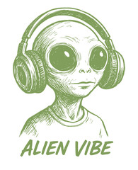 Alien wearing headphones and listening to music. Hand-drawn pen and ink drawing vector illustration in monochrome graphic style.