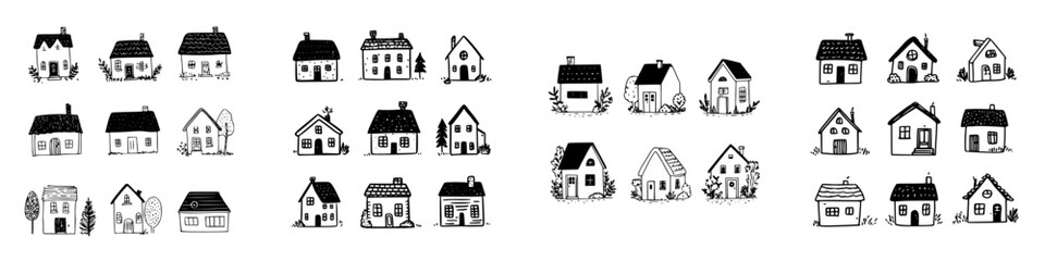 Hand drawn doodle style simple house icons and various buildings