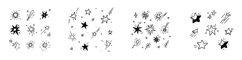 Set of hand drawn sparkling star and shooting star icons in doodle style
