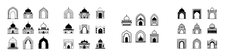 Hand drawn Islamic architecture elements and ornate entrance arches