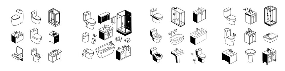 Isometric black and white bathroom fixtures icons set