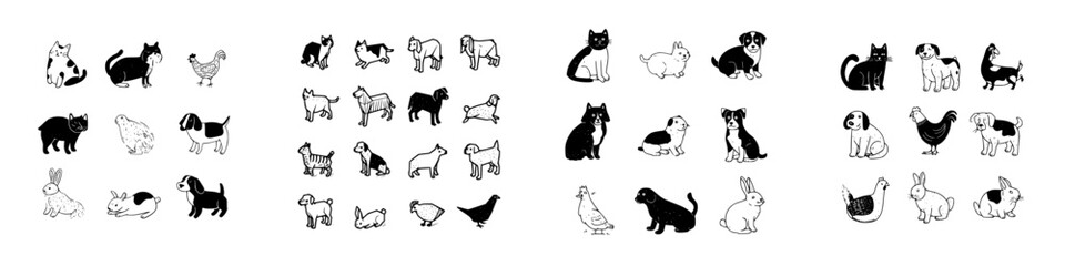 Collection of hand-drawn domestic and farm animal icons in black and white style