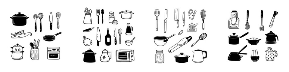 Hand-drawn icons of various kitchen utensils and cooking equipment