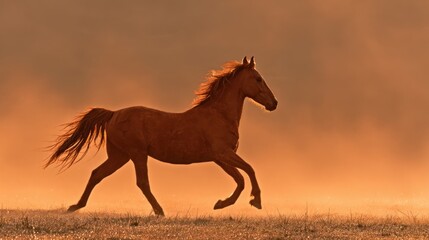Majestic Chestnut Horse Running in Open Field During Sunset