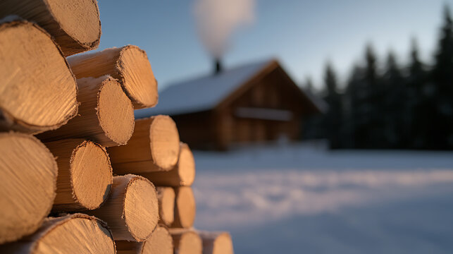 Winter cabin warmth: Stacked firewood glows near a cozy wooden cabin, smoke gently rising, nestled in a snow-covered forest, evoking peaceful winter vibes.
