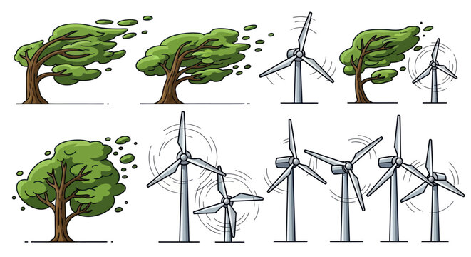 A collection of cartoon illustrations showing windblown trees and spinning wind turbines.