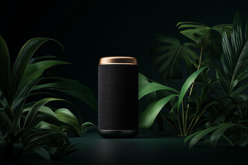 A black smart speaker with elegant gold accents