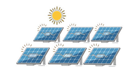 Six blue photovoltaic solar panels on stands absorbing sunlight from a bright yellow sun illustration. © Rizal