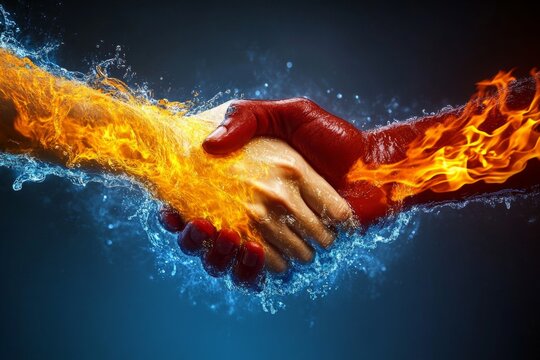 Fiery and watery elements collide in symbolic handshake gesture