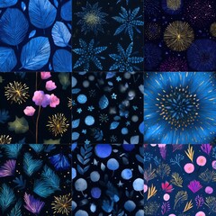 Luxury Blue and Gold Fireworks Pattern with Botanical Motifs on Dark Background