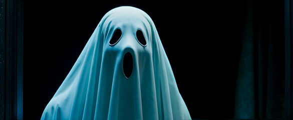 White sheet ghost close up with black eyes and mouth. Spooky ghost alone on dark background. Creepy white ghost floating in darkness. Haunted ghost character concept for Halloween theme.