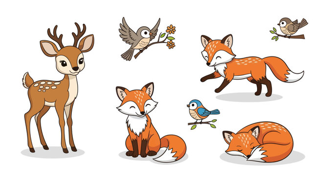 Adorable Cartoon Forest Animals: Deer Foxes and Birds in Various Poses.