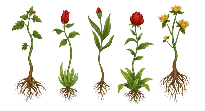 Botanical Illustration of Various Flowering Plants with Roots.