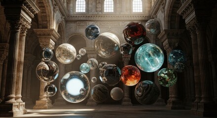 A grand, ancient cathedral with large, colorful glass orbs floating in the air.