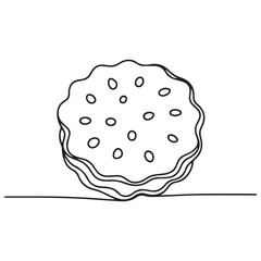 Continuous Simple black line art drawing of a cookie in a minimalist style on a white background.